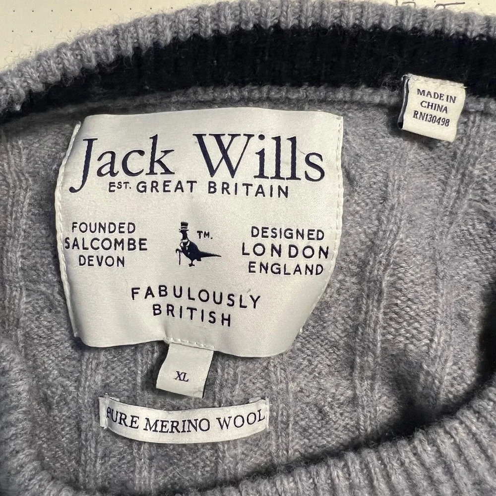 JACK‎ WILLS The Marlow 100% Merino Wool Grey Cable Knit Jumper Sweater, Sz XL
